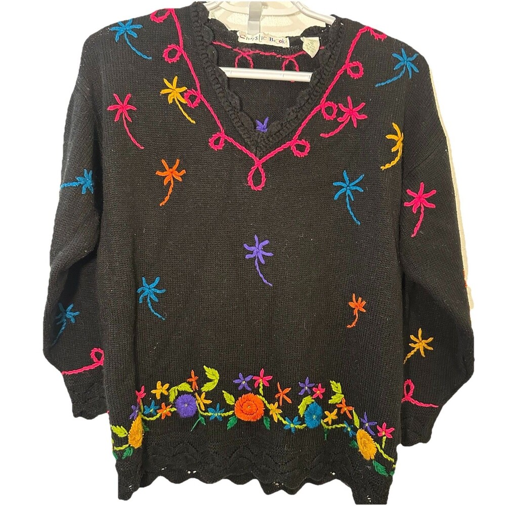 Vintage 90s Christie Brooks Black Ramie Embroidered Floral Sweater Womens Medium